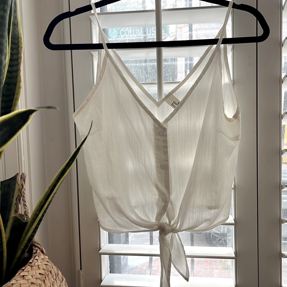 V neck white button down tie crop top